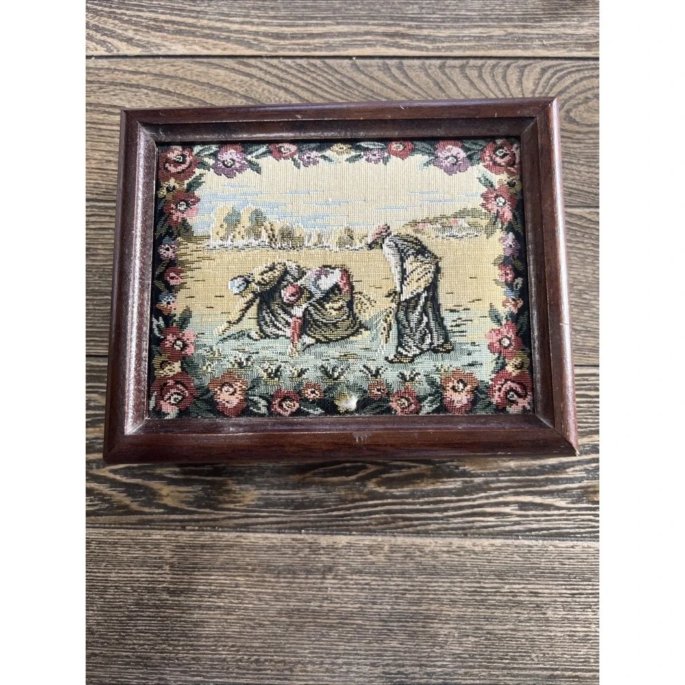 Vintage Wooden Jewelry Box Wood w/Tapestry top Yellow Felt Lining Taiwan